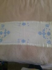 Table Runner Linen Hand Embroidery Vintage Blue Floral Flower Cross Stitch picture