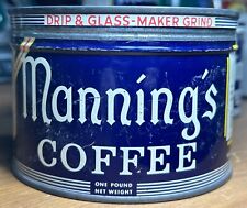 Vintage MANNING’S COFFEE 1LB Tin Can Drip & Glass Maker Grind San Francisco CA picture