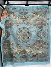 Vintage Chinese Brocaded Flowers Tablecloth with fringe Blue Real Tapestry Silk picture