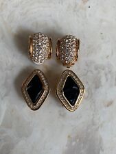 Lot of 2 signed Swan Swarovski clear crystal gold tone clip earrings picture