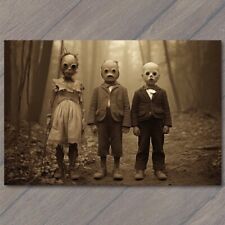 POSTCARD Weird Creepy Vintage Masks Strange Cult Unusual Group Kids Fall 💀 picture