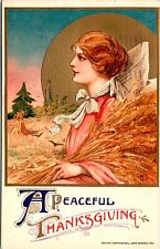 Vintage 1910's Schmucker Winsch Girl Golden Sun Harvest Thanksgiving Postcard picture