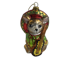 Old World Christmas Glass Blown Glitter Ornament Chihuahua Dog Sombrero Guitar picture