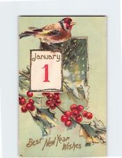 Postcard Best New Year Wishes with Bird Hollies Embossed Art Print picture