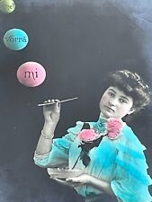B1 RPPC Postcard Colored Tinted Beautiful Woman Blowing Bubbles 1908 Artistic picture