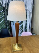 Rare Fine Mid Century Modern table lamp wood brass Ori. Linen Shade 25”h Working picture