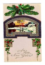c1906 New Year Postcard Wintery Scene, Pine Needles picture