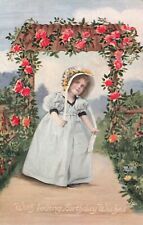 With Loving Birthday Wishes Cute Girl w/ Bonnet c1917 Postcard A212 picture