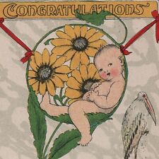 Vtg. Newborn Baby Congratulations Postcard Sunflowers & Stork Bird Infant Child picture