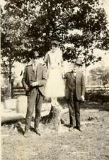 PP457 Vtg Photo TWO MEN w/ CIGARS & HATS, WOMAN ON STUMP, BARREL c Early 1900's picture