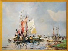 LARGE Original Oil Canvas Painting Fishing Sail Boats Seascape Vintage Antique picture