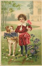 Embossed Valentine Postcard B.W. 311, Fancy Boy & Collie Type Dog w/ Flowers picture