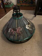 Large Stained Glass Tiffany Style Hanging Light w/ Carousel Horses Wrought Iron picture