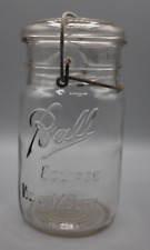 Antq Ball Eclipse Clear Glass Wide Mouth Mason Canning Jar Wire Bale w/Lid Qrt picture