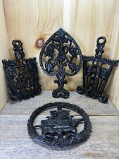 4 VINTAGE CAST IRON TRIVET POT Set-Birds And Brooms And More picture