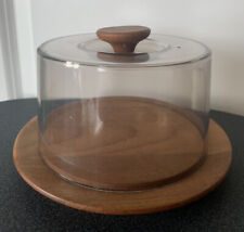 Vintage Danish Luthje Wood Cheese Tray Plastic Dome, Denmark Teak MCM Cover picture
