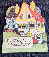 1930s. Vintage Easter greeting card die cut house Antique Art Deco picture