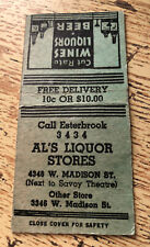 1940s-50s Al’s Liquor Stores Wines Liquors Beer Indiana Savoy Theatre Matchbook  picture