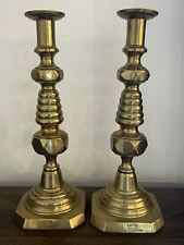 1902 PAIR OF BRASS CORONATION PUSH UP CANDLESTICKS picture
