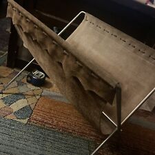 VTG Danish Suede Leather & Silver Tone Metal Folding Magazine Rack/Stand 60s MCM picture