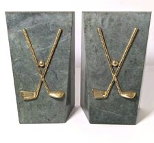 Vintage MCM Heavy Green Polished Marble Bookends, Brass Golf Clubs - Golfers picture