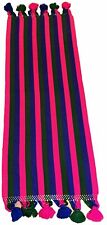 VTG 70s Bright Striped Mexican Woven Table Runner Fringe Pom Pom Tassels 26”X68” picture