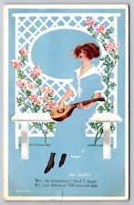 Fade Away All Alone Yes I'm Lonesome Lady Playing Mandolin 1914 Postcard picture