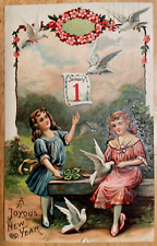Vintage Victorian Postcard 1911 A Joyous New Year - Girls with Doves picture