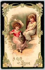1908 Two Girls Front Of Door With Kitten Cat Embossed Posted Antique Postcard picture