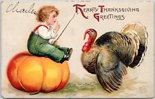 Hearty Thanksgiving Greetings Boy Sitting on Pumpkin with Turkey Postcard picture