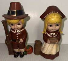 Ceramic Hand Painted Pilgrim Boy & Girl Thanksgiving Fall Autumn Decor CHIPPED picture