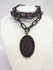 Vintage Mourning Black Bakelite Cameo Pendant Necklace LAUREL Chain Link 28