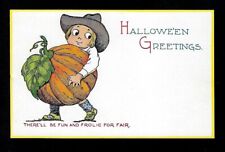 Early 1900's Gibson Halloween Postcard Boy Carrying Large Pumpkin picture