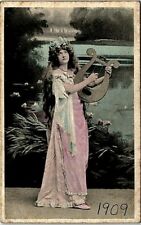 c1900s Real Photo Postcard Lady with small Harp Color Posted Stamp Divided picture