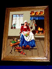 Happy Woman working at Home by the Fire VINTAGE Handmade Needlepoint Framed Art picture