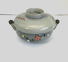Japanese  Soup Rice Bowl w/Lid and handles Grey w/flowers 3