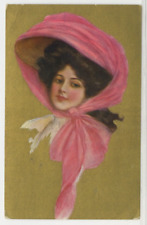 Portrait Postcard Pretty Brunette Woman Wearing Large Pink Hat c1915 vintage G1 picture