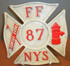 Vintage Fire Fighters Cast Sign FF 87 NYS Clover Leaf Shape, White & Red picture
