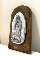 OUR LADY of GUADALUPE Virgin Mary PEWTER on WOOD Wall ICON/Plaque 11x5” MEXICO picture