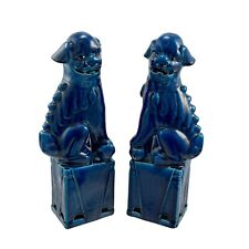 Vintage Chinese Dragon Porcelain Foo Dog Figurines Midnight Blue Pair picture
