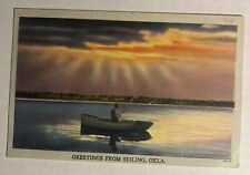 Greetings From Seiling Oklahoma Postcard Sunrise On Water Man Fishing Linen 1940 picture