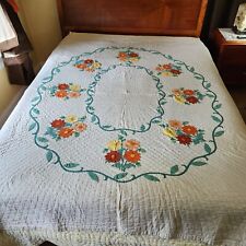 Vtg Hand Quilted Dahlia Flowers Quilt Bedspread Applique Queen picture