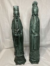 Pair Of Vintage Asian Figurines Man And Woman Tall Green Ceramic Statues 20” picture