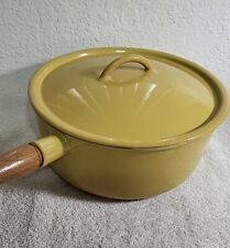 Vtg DESCOWARE BELGIUM Yellow Enamel Cast Iron Sauce Pan Lid Wood Handle 80-E 3qt picture
