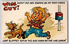 Missing Stamps Wise Guy Mailbox Humor Dog Little Boy Comic Chrome Postcard 1960s picture