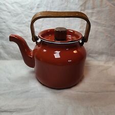 Vintage Small Red Enamelware Tea Pot Kettle Wood Handle 6.5