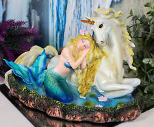 Blonde Mermaid Siren Princess Ariel With Rare White Unicorn In Lily Pond Statue picture