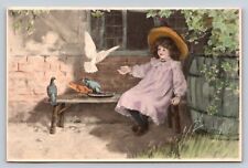1908 Artist Austrian PC Purple Dress Girl Feeding Birds Dove M.M. Vienne M. Munk picture