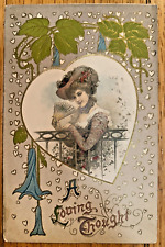 Antique Postcard A Loving Thought Beautiful Woman Heart Fan Art Nouveau Look picture