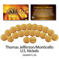 Thomas Jefferson VINTAGE U.S. NICKELS Uncirculated 24KT Gold Plated - QTY 20 picture